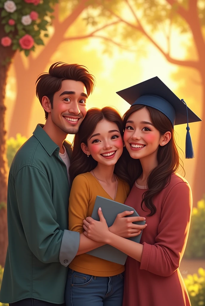 happy family with father, the daughter in middle with graduation cap and mother