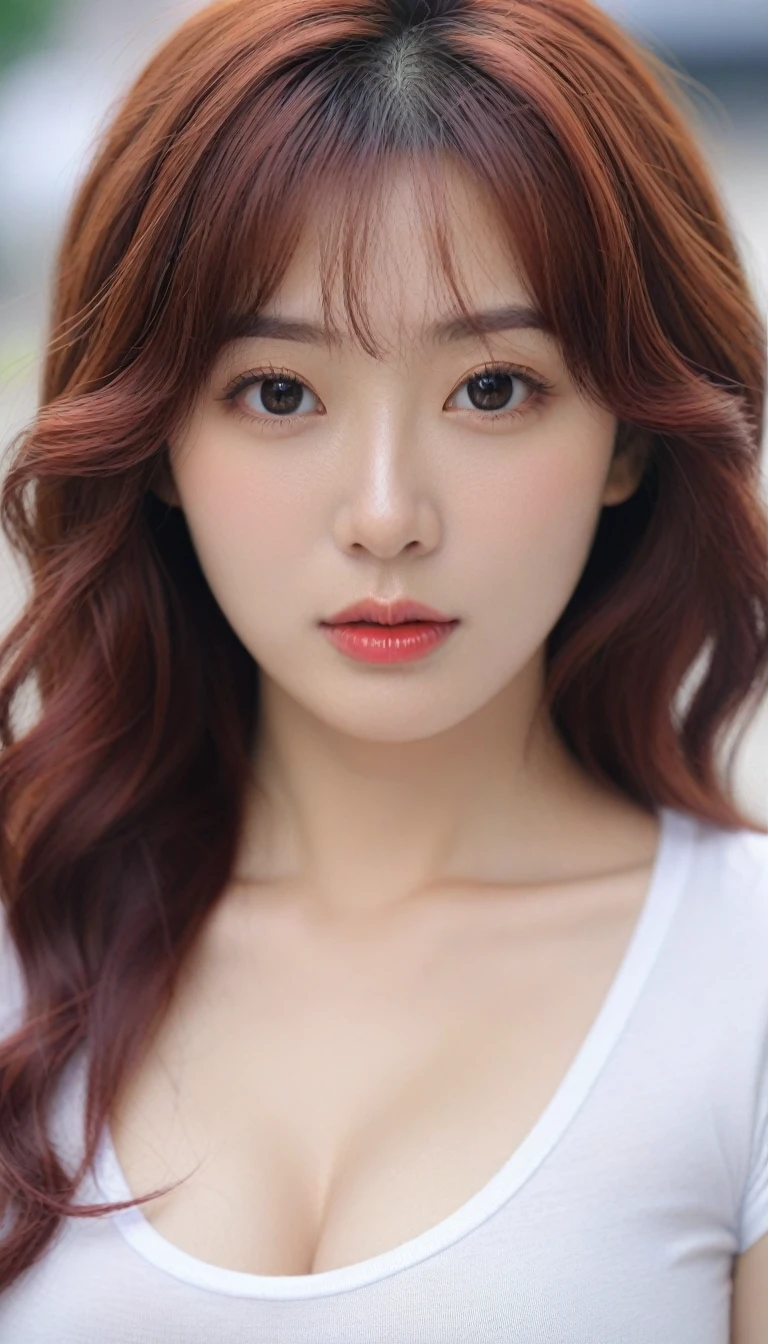 extreme close-up of beautiful beautiful korean female, 34 inch breasts size, red wavy hair, wearing rolled sleeves t-shirt, bokeh background ,UHD