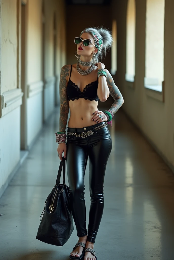 russian milf woman, grey hair (bouffant, top bun) and oversized square sunglasses and wide colourful bandana as headband, with very light green eyes, extremely pale. Big lips. Black lace push up bra, silicone breast,, tight skinny black low rise leather jeans. Flip flops. Lots of thick wide studded bracelets, chain collars and big rings,. Two loose studded belts,. Long earrings with chains and feathers. Standing with legs apart, one hand hands on her hip, the other, sucking her thumb, stretching her neck and looking up in surprise, craving., Neck, chest, stomach and wrists heavily tattoed. Toned abdominals, thin neck, slim legs and thin arms. Narrow hips. Full body. Studded black leather tote bag hanging low from her shoulder. At a long narrow corridor with natural light.