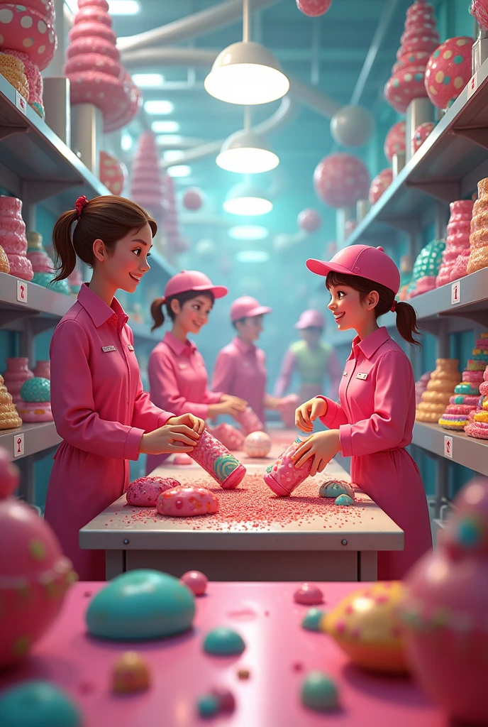 Several people working in a candy factory wearing pink uniforms 