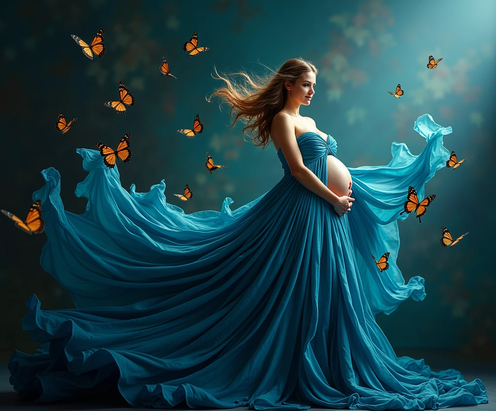 realistic ,araffe woman in a blue dress with butterflies flying around her, maternal photography 4 k, stunning photoshot, flowing gown, colored photography, with beautiful colors, stunning beautiful, belly free teal dress, gown, beautiful gown, blue swirling dress, with beautiful wings, photo taken with nikon d750, photo taken with nikon d 7 5 0