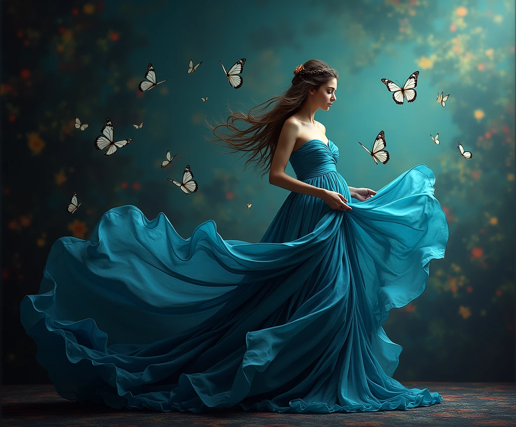 realistic ,araffe woman in a blue dress with butterflies flying around her, maternal photography 4 k, stunning photoshot, flowing gown, colored photography, with beautiful colors, stunning beautiful, belly free teal dress, gown, beautiful gown, blue swirling dress, with beautiful wings, photo taken with nikon d750, photo taken with nikon d 7 5 0