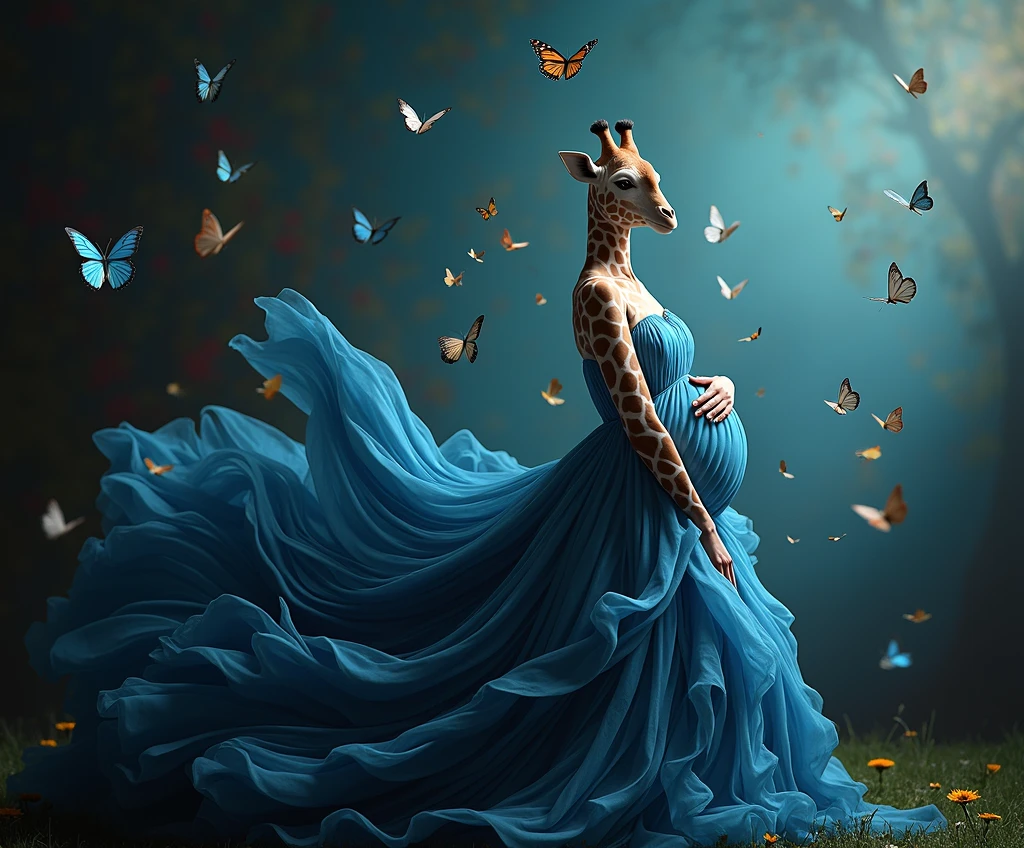 realistic ,araffe woman in a blue dress with butterflies flying around her, maternal photography 4 k, stunning photoshot, flowing gown, colored photography, with beautiful colors, stunning beautiful, belly free teal dress, gown, beautiful gown, blue swirling dress, with beautiful wings, photo taken with nikon d750, photo taken with nikon d 7 5 0