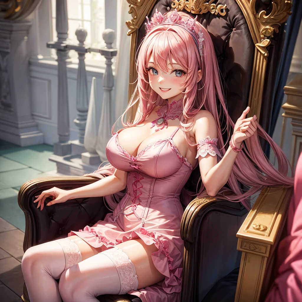 1 female　Lady　Smiling Kindly　Pink Dress　Headband　Big Breasts　stockings　Sitting on the throne