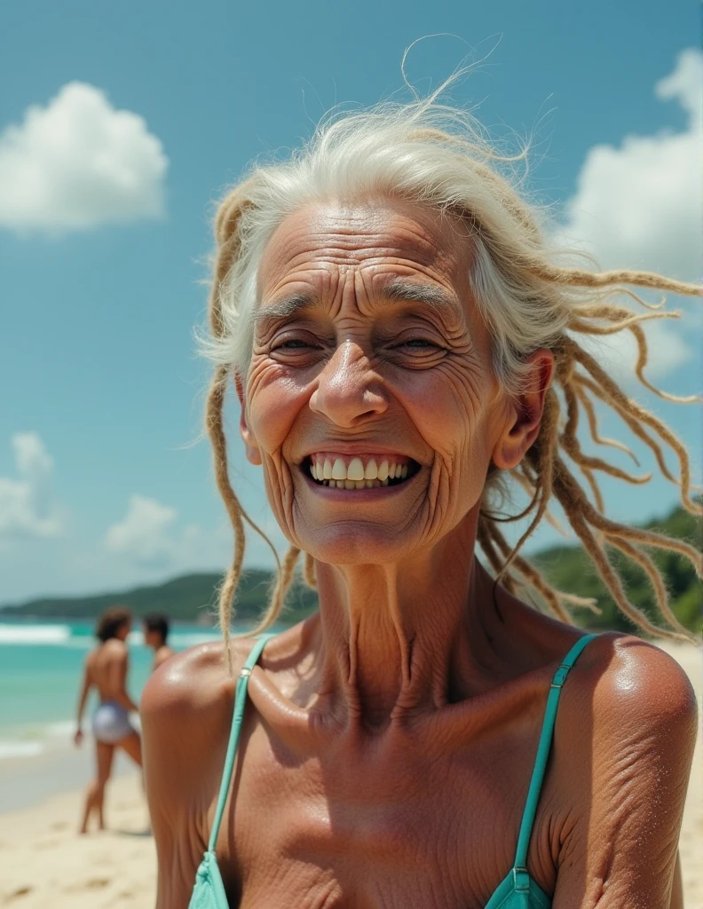 (Old witch at Muine beach 50-year-old granny, ugly BODY, sagging tits, slutty smile, braided hair, (NUDE, SKINNY, lust vibe), (((БЛЯДСТВО ЭТО ВЕСЕЛО banner in background))), Vietnam, Surfers Revolution, ((Soviet Poster style)), ((Soviet propaganda Poster)), blue sky with clouds, surfers
