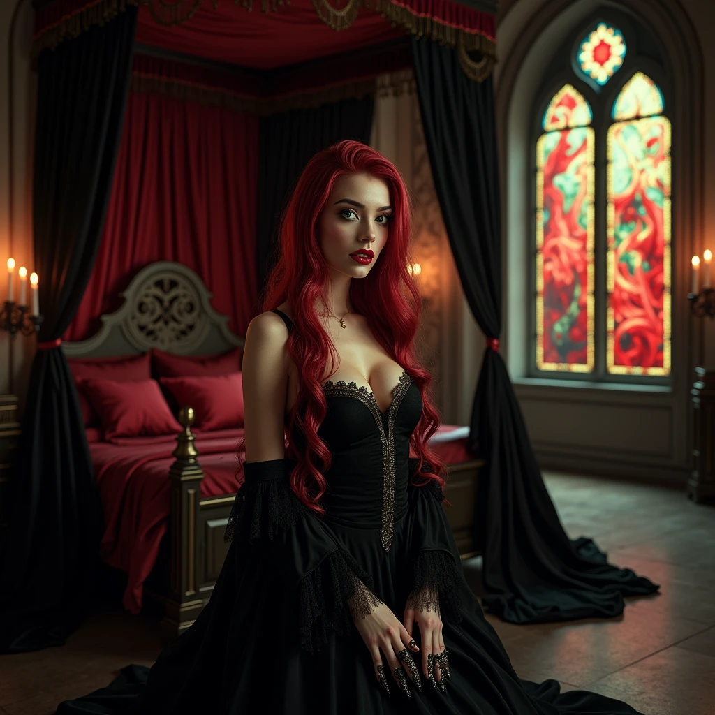 An extra wide angle on a big full room 16:9,(masterpiece Quality),(An ultra hot,1 female age 18),(random sexy, seducing poses),(full body:2.0),(nude),(realistic,fine detailed ultra-thick,long, bright,vibrant,blood red,shimmering:2.0 hair),(extra large,high contrast,vibrant,green:0.9, yellow:0.1 eyes),(extra long,thick,dark eyelashes),(blood red,plump lips),(stunning, pearl white teeth),(,beautiful eyes),(detailed hands,realistic long monsters claws on 5 fingers each hand:2.0),stunningbody,Big breasts, natural nipples,(glowing skin:1.2),(2 perfect legs:1.1),front view,(Look at me),a serious, direct gaze at the camera,(best quality,16k,highres,insanely detailed interior design of a vampire lair in dark gothic medieval style),(royal canopy four-poster bed, black-matte velvet drapes 16k),(1 stained glass window to the right,vibrant red:1.1,green:0.9 colored,detailed intricate patterns,architectural element,dark and mysterious atmosphere, night scene), flickering candlelight,medieval-style candelabrum,(rich, deep black, base color,stunning play of very, low light:1.6 and shadow,night:2.0),(all in wide room spectrum:2.0).#The entire setup is masterpiece 1:3 framed with the grandeur of royal,medieval gothic style, focus on entire room 16k#