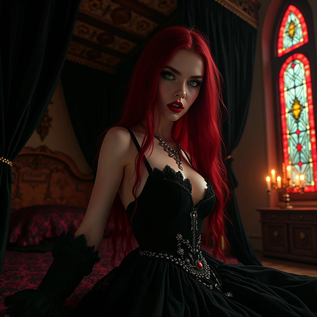 (((extra wide angle,big full room 16:9))),(masterpiece,Distinguished Quality),insanely detailed,absurdres of a vampire lair in dark cothic style),(canopy bed 4 posts, black,matte velvet drapes 16k,(An ultra hot),(1 female age 18),(random poses),(an evil witch),realistic,ultra-thick, long bright, vibrant colours,bloodred :0.9,golden shimmer :0.1 hair),(Large, high contrast green:0.9, bright yellow:0.1),extra big eyes,extra long, thick,dark eyelashes),(blood red, plump lips),(beautiful eyes), (detailed hands,realistc long monsters claws on 5 fingers ech hand:2.0)best quality,wide hips,Big breasts, big ass,(glowing skin: 1.2),(2 perfect legs:1.1),(thick and toned thighs),(attractive expression,alluring:1.3),(detailed hands,realistc long monsters claws:2.0),(Grey lace undervare laying on her left side,looking down,(Look at me),(best quality,4k,8k,highres,masterpiece,ultra-detailed,realistic,dark gothic stained glass window,vibrant red glass colors,detailed intricate patterns,medieval architectural element,dark and mysterious atmosphere,low light filtering through the stained glass,fine artistic details,sharp focus,vivid colors,portraits,concept artists,rich and deep black color tones,stunning play of light and shadow:2.0),(all in wide room spectrum:2.0).#The entire setup is masterpiece 1:3 framed with the grandeur of medieval gothic style, focus on entire room 16k#