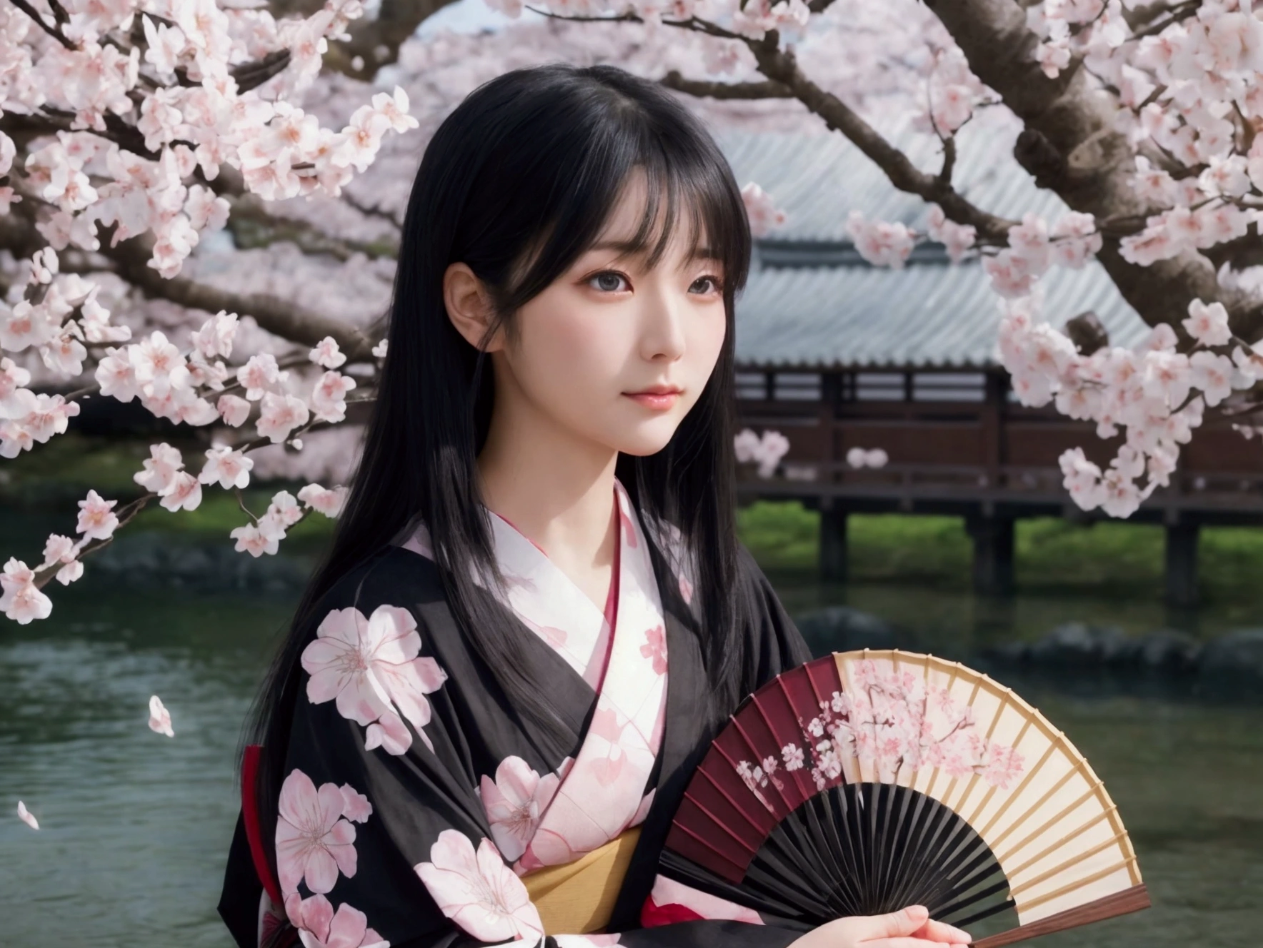 Realistic photos, Beautiful Eyes, Flowing black hair, Elegant kimono, Cherry blossom background, Traditional folding fan, Calm expression, Soft lighting, Traditional Japanese art style, Vibrant colors, Peaceful atmosphere, Delicate features, Graceful posture