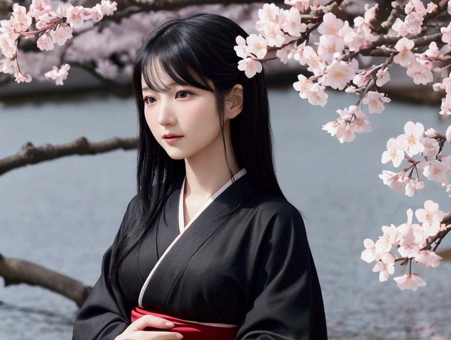 Realistic photos, Beautiful Eyes, Flowing black hair, Elegant kimono, Cherry blossom background, Traditional folding fan, Calm expression, Soft lighting, Traditional Japanese art style, Vibrant colors, Peaceful atmosphere, Delicate features, Graceful posture