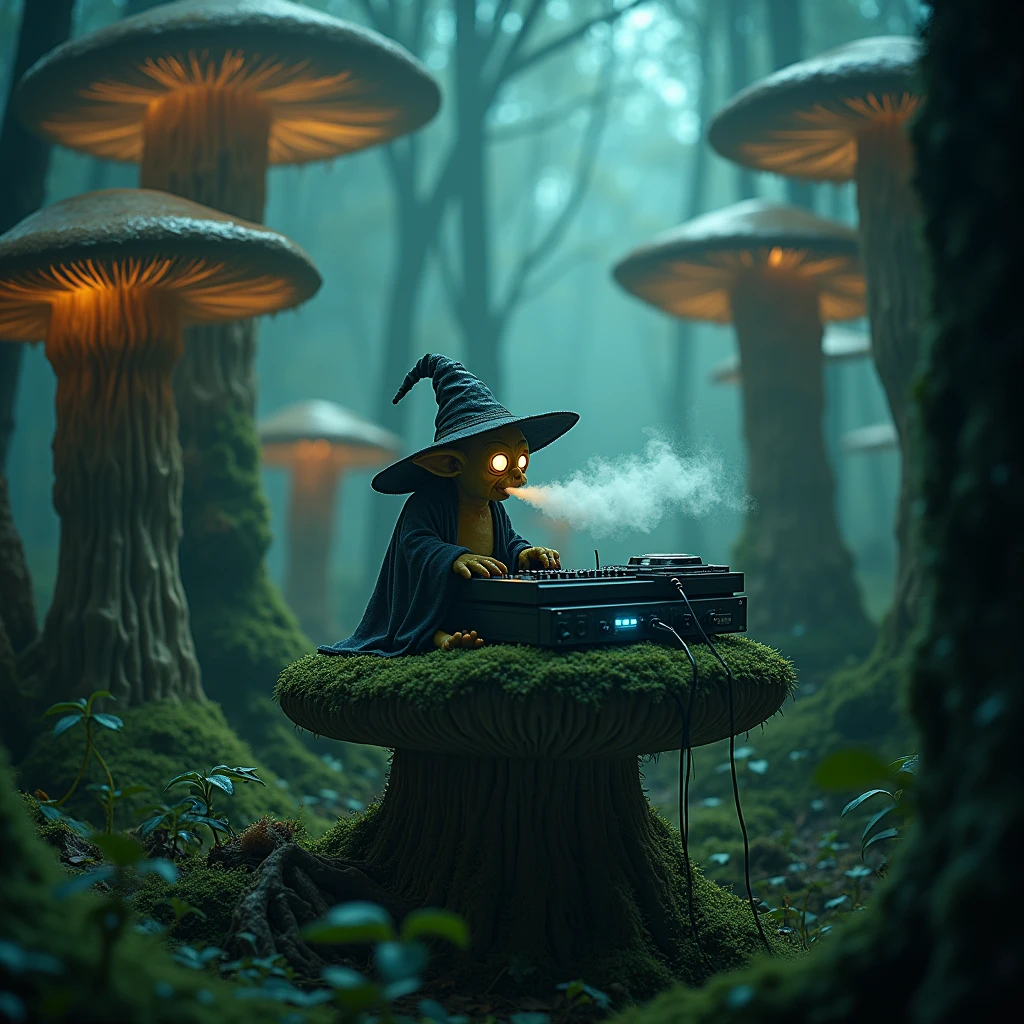 Nightvision footage of a goblin thats dressed like a wizard sitting on a shroom in a shroomforest while smoking out of his herb vaporizer while playing on audio interfaces and dj pults While hanging with treebeard