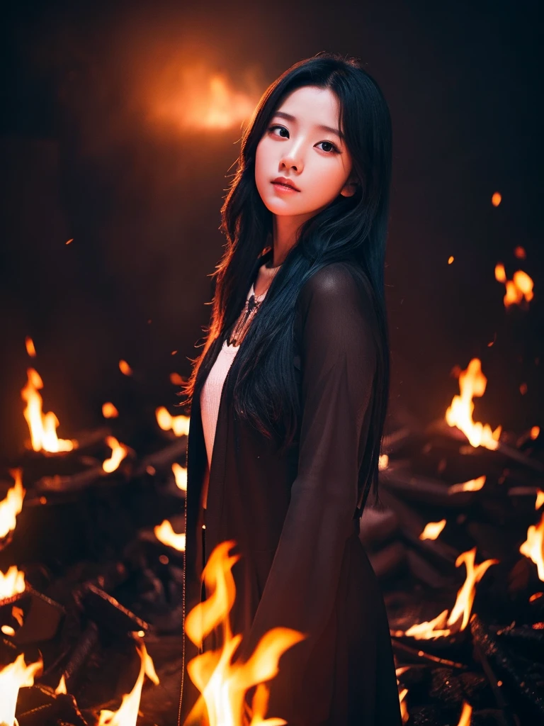 K-pop idol Asa is standing in front of flames. She has black straight long hair and black outfit