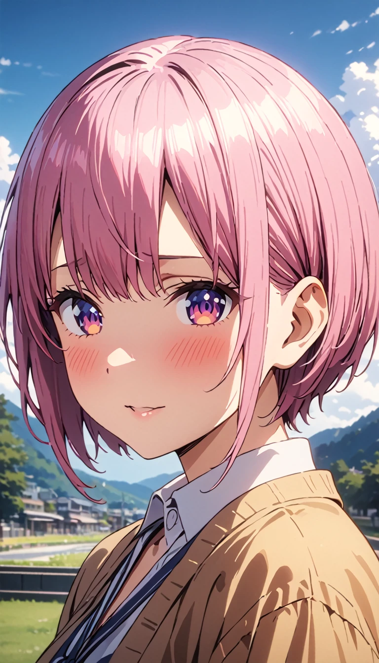 (Highest quality, 4K, 8k, High resolution, masterpiece:1.2), Very detailed, Picturesque, Animated Photography, Photo Animation:1.37)、Japanese schoolgirl、(Pink Hair)、(Pixie Cut)、、Nakano Ichika