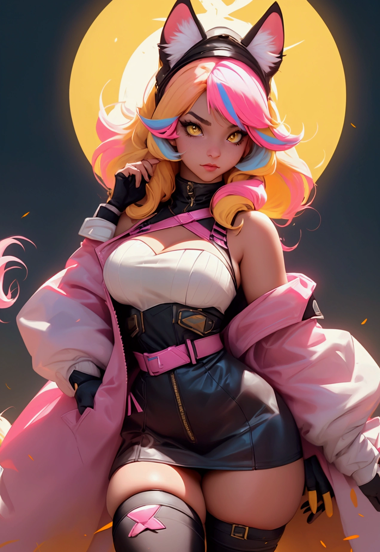 envision a 8k, highres, cinematic, beautiful close up portrait of a curvy woman named Raora Panthera with white animal ears, tail, yellow eyes, pink hair, multicolored hair, goggles, hat, open jacket, off shoulder, thigh straps, thighhighs, against a dark background