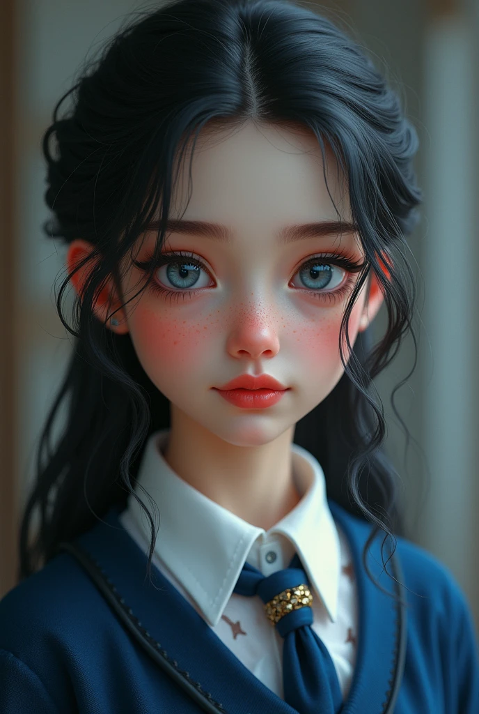 elle a le teint rose, un visage en forme de diamant, un nez en trompette, des yeux en amande bleu-gris, des longs cheveux noirs semi-attachés, des lèvres pulpeuses et elle porte un uniforme de serdaigle