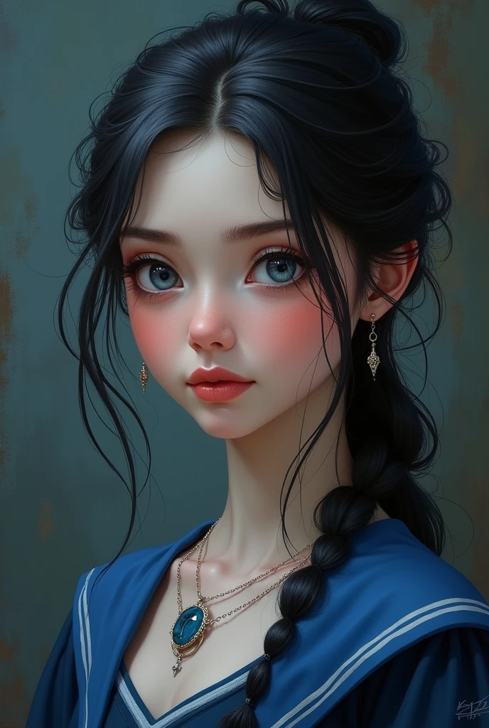 elle a le teint rose, un visage en forme de diamant, un nez en trompette, des yeux en amande bleu-gris, des longs cheveux noirs semi-attachés, des lèvres pulpeuses et elle porte un uniforme de serdaigle