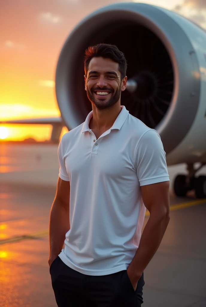 (photorealism:1.2), handsome tanned man, black hair, short beard, smiling, sexy brazilian, slim, , Photorealistic, 8k, highly detailed, Cinematic lighting, Vivid colors, professional photography, editorial fashion style, in front of a turbo jet engine at sunset, white polo shirt and black pants