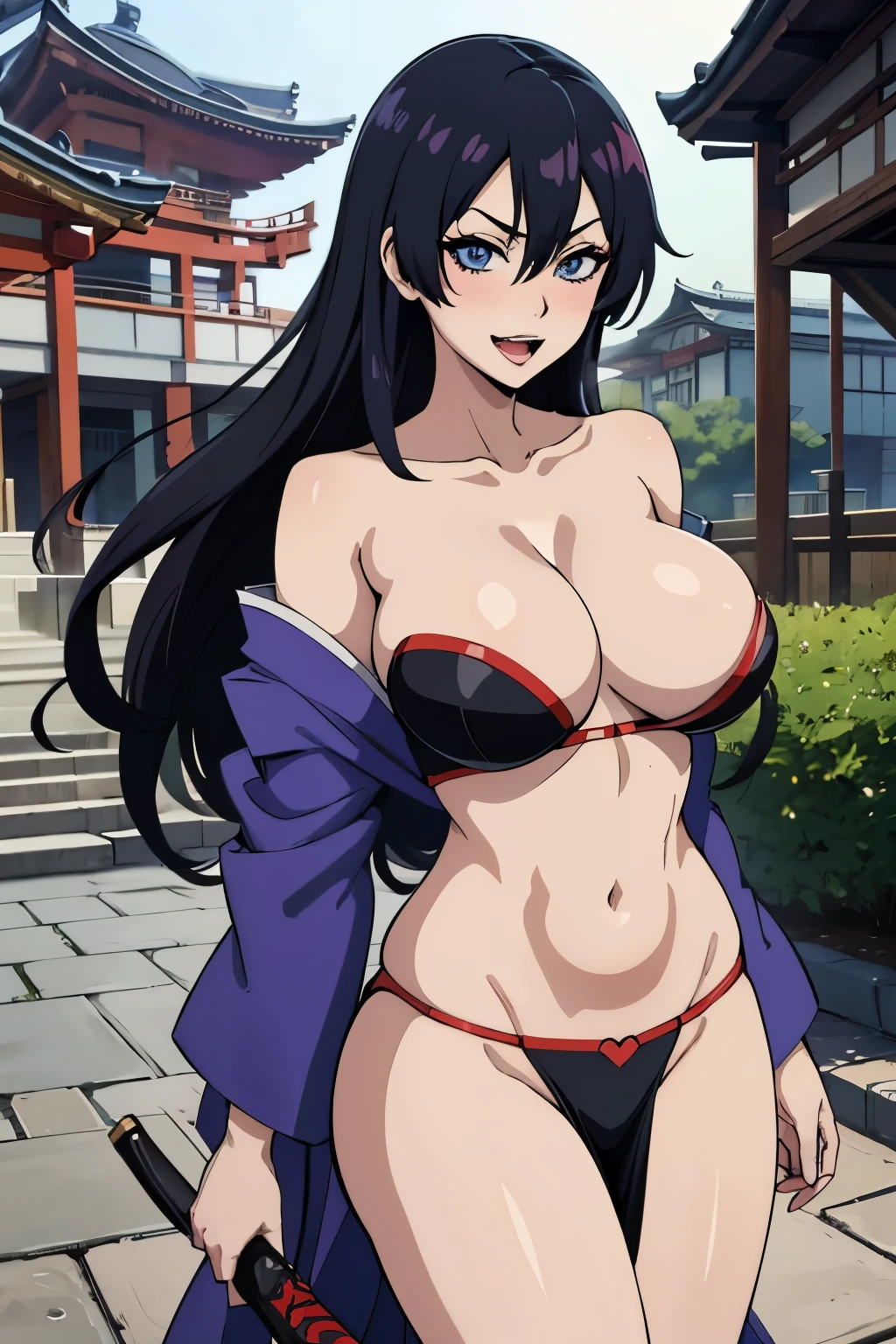 1girl, black hair, blue eyes, large breast, Hot girl, baddie, bad attitude, mean girl, smoking, sensual, attractive, blush, lipstick, masterpiece, best quality, highly detailed, a anime girl in kimono dress ,holding sword, bare
shoulder,open kimono, evil smile, open mouth, crop top , (nsfw) not safe for work, smile, ecchi anime
style, anime girls, ecchi style, ecchi, digital anime art!!, in anime style, official artwork, visual novel cg,
beautiful anime girl, anime style 4 k, kimono pencil skirt, exposed belly, exposed navel,
exposed midriff, exposed lower belly, outdoor, japanese architecture, temple