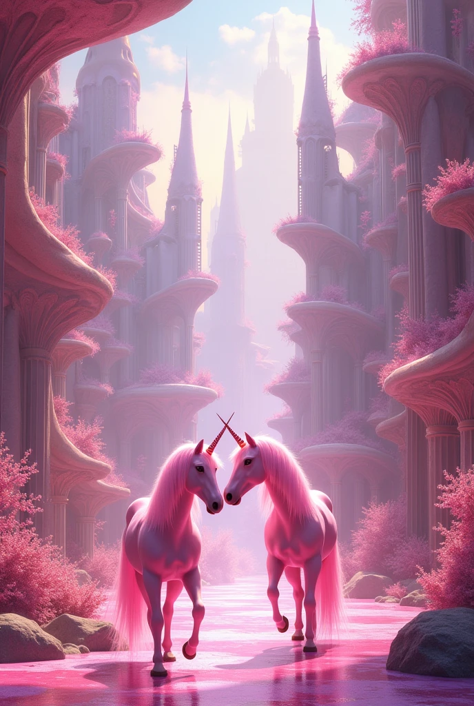 Unreal city with pink unicorns