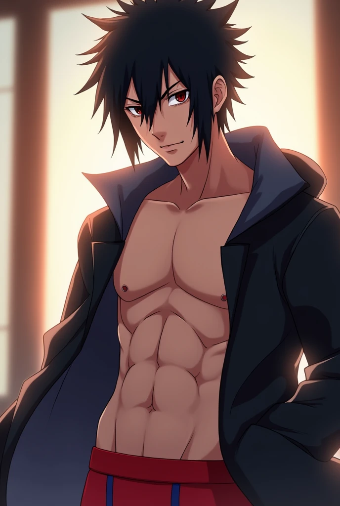  Sasuke Uchiha, He is Shirtless, wearing red boxers, smiling defiantly, closeup, anime Otome style 