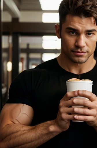 random buff guy holding a half full cup of coffee