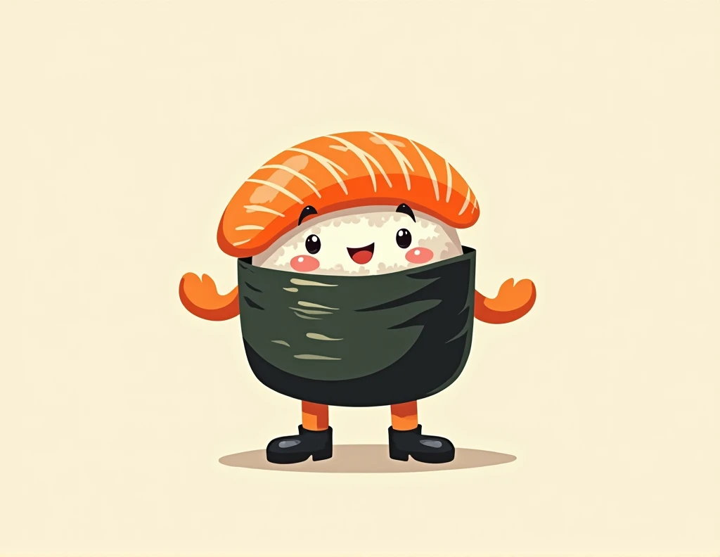 Create a sushi logo type standing where the rice is having the salmon in half with the seaweed sheet and has feet and is standing with yellow tones, black and white