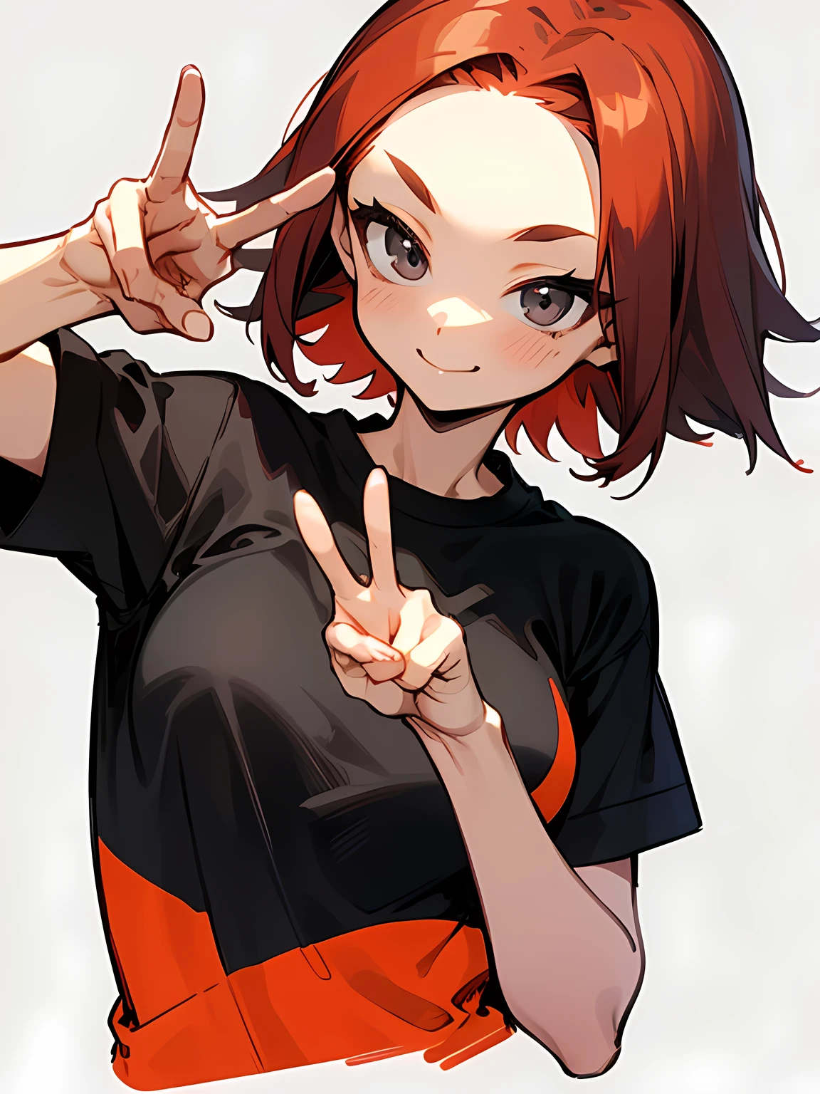 solo,(leaning foward:1.3),cute face,upperbody,(red medium hair),(big forehead),(tsurime),gray eyes,black t-shirts,good hands,(peace sign),white simple background,big smile