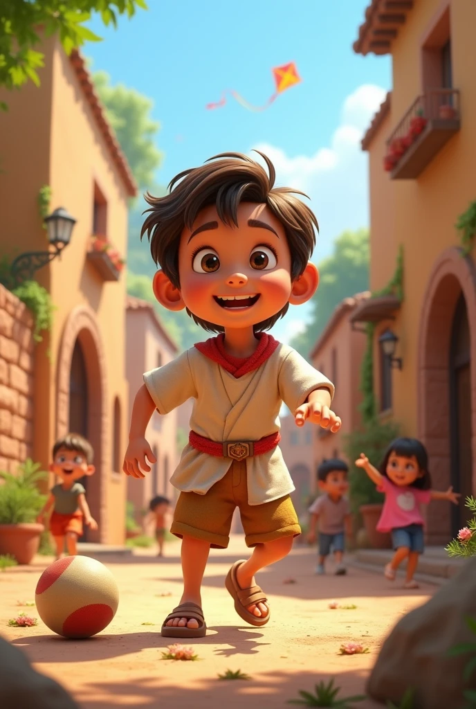 A 3D movie poster in Disney-Pixar style of Jesus as a  boy playing with his friends

