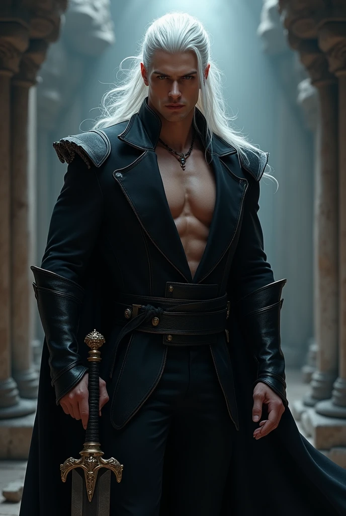 Create a handsome and sexy prince of hell wearing a black body jacket, white hair, long tied in a tail and a sword