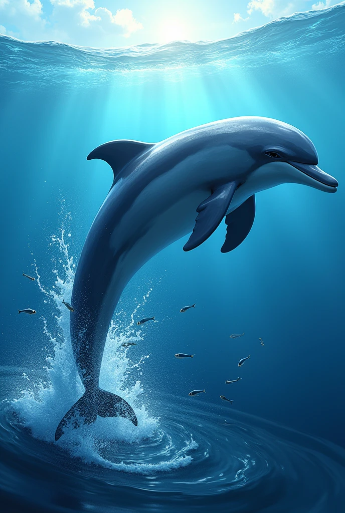 Ocean water with a dolphin jumping out if it and small fish