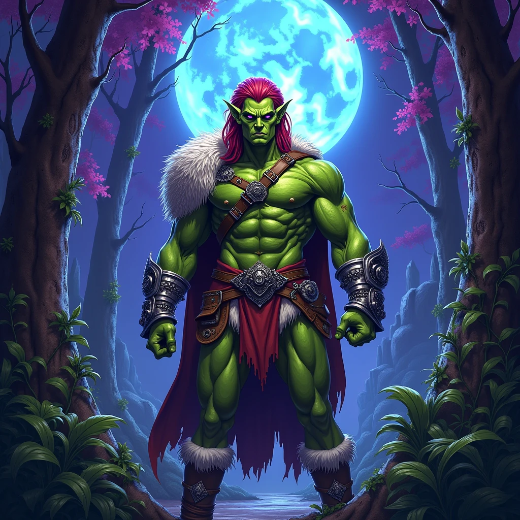 a (green skinned) male warrior, he has (red hair) and wears a (leather harness across his chest), leather shoulder straps, loincloth, thick fur belt, white fur boots, silver bracers, fur cloak. (detailed face, detailed eyes) , ((detailed eyes)), narrow eyes, lavender colored eyes, piercing eyes, pointed ears, sharp ears, (grim expression). Good hands, detailed hands. multicolor sky, blue moon. Show him standing confidently with his fists clenched, in a thick dark jungle, vines, purple trees, blue leaves. dramatic shadows, hyper realistic, realistic light and shadows. use a dramatic comic book style, inspired by masters of the universe.