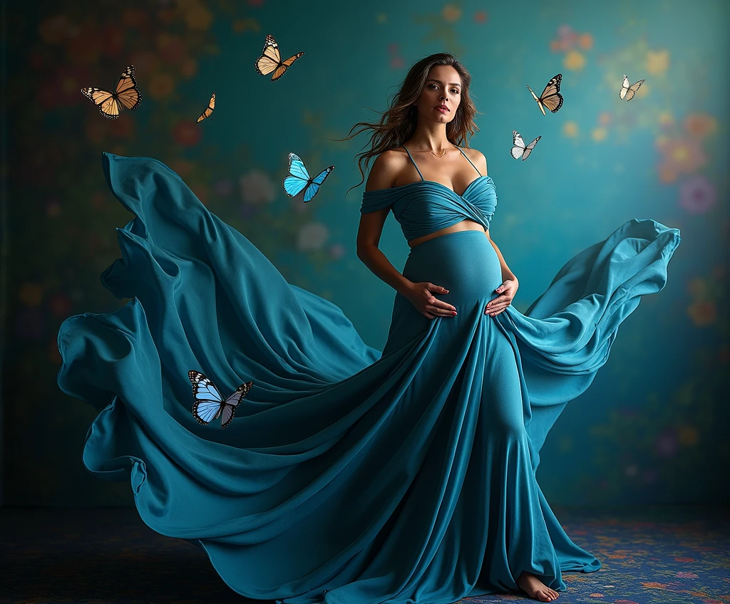 realistic ,araffe woman in a blue dress with butterflies flying around her, maternal photography 4 k, stunning photoshot, flowing gown, colored photography, with beautiful colors, stunning beautiful, belly free teal dress, gown, beautiful gown, blue swirling dress, with beautiful wings, photo taken with nikon d750, photo taken with nikon d 7 5 0