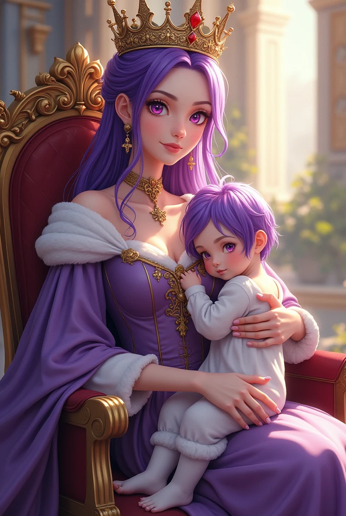Purple haired woman, with black horns, lavender skin, fuchsia pink eyes (medieval style queen clothes and shiny crown), elegant pose, looking at camera, sitting on elegant chair, holding male human baby on a year, purple hair, RAF blue eyes, hugging his mother, detailed, daytime, sun rays, ultra detailed photography, 4k quality lighting, high resolution, masterpiece, anime style.