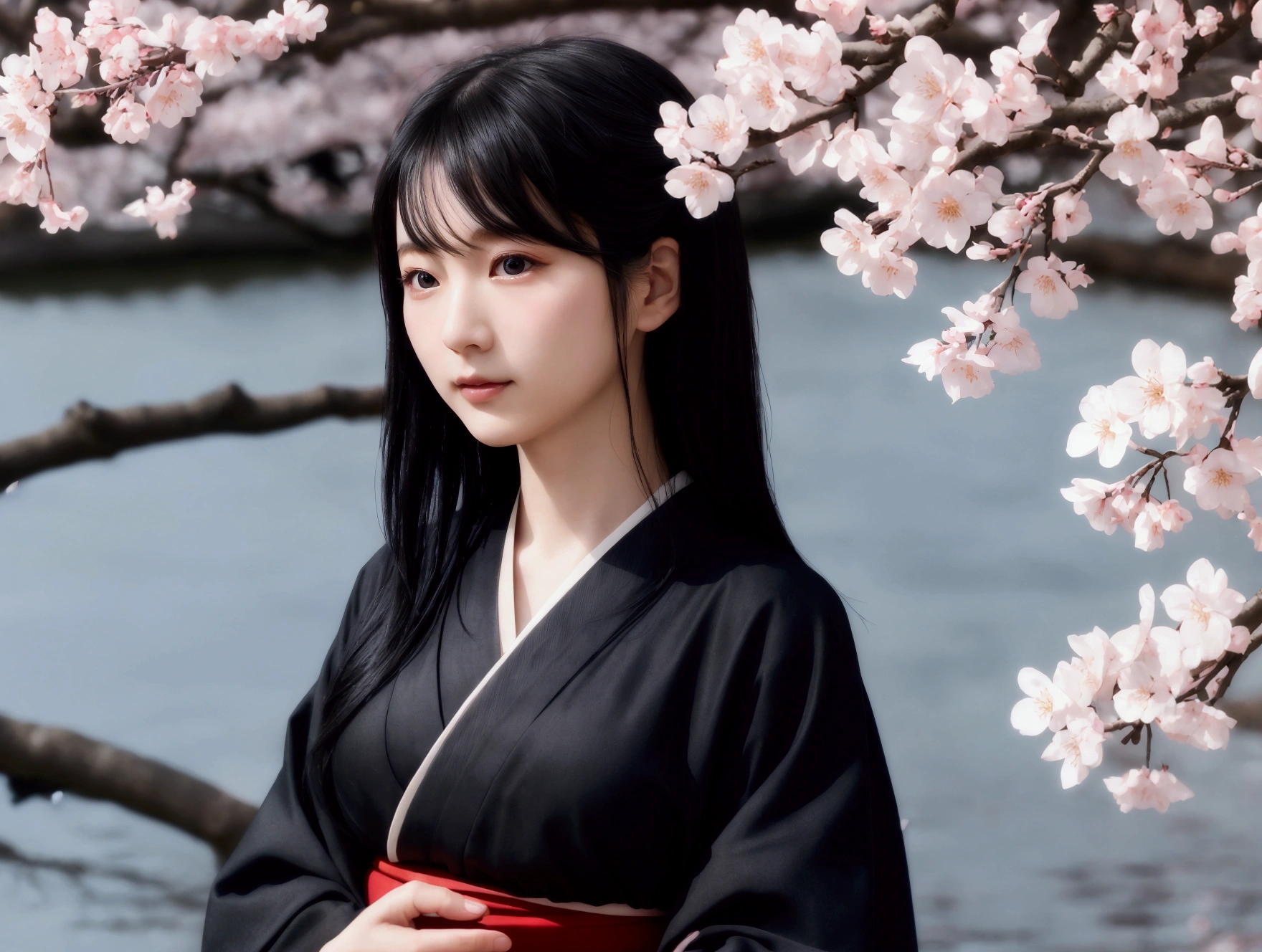 Realistic photos, Beautiful Eyes, Flowing black hair, Elegant kimono, Cherry blossom background, Traditional folding fan, Calm expression, Soft lighting, Traditional Japanese art style, Vibrant colors, Peaceful atmosphere, Delicate features, Graceful posture