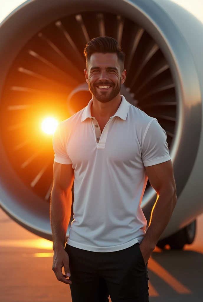 (photorealism:1.2), handsome tanned man, black hair, short beard, smiling, sexy brazilian, slim, , Photorealistic, 8k, highly detailed, Cinematic lighting, Vivid colors, in front of a turbo jet engine at sunset, white polo shirt and black pants