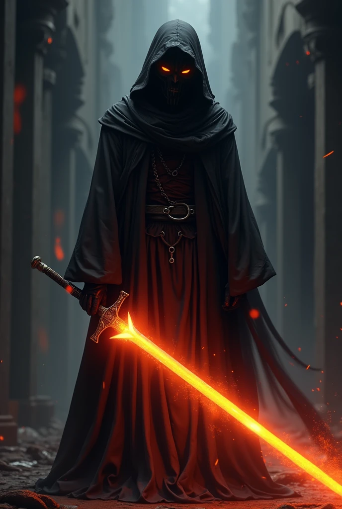 Make a face with an anime in a black hood and mask and with an orange magic sword with a mask on your whole face. Where is the mask anymore?