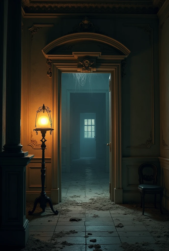 abandoned mansion, FIRST PERSON POINT of a lamp inside the mansion