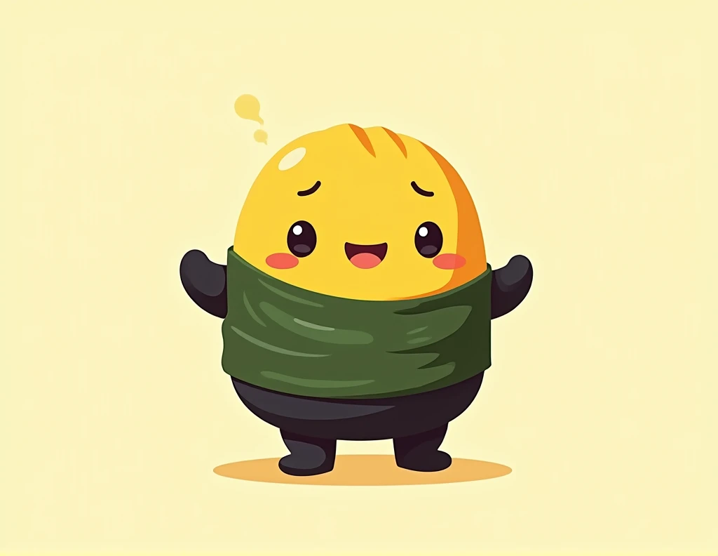 Create a cartoon sushi that has feet, He is standing and has the seaweed sheet on his waist, happy and have yellow tones, black and white