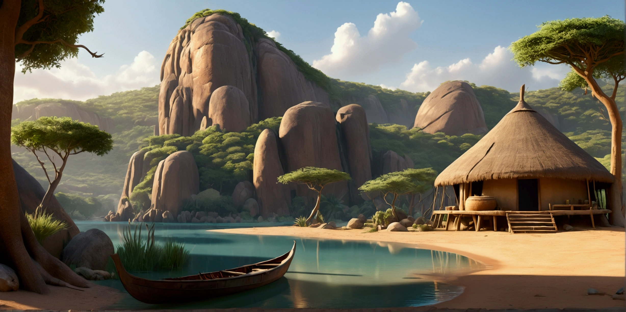 Breathtaking view of the African wilderness, beautiful sunrise over a tranquil lake, a very small African hut on one side of the scene, dramatic cinematic lighting, majestic rock formations, no animals or evil, breathtaking view, high detail, (best quality, 4k, 8k, high resolution, masterpiece: 1.2), high detail, (realistic, realistic, photorealistic: 1.37), dramatic lighting, cinematic composition Pixar style close to animation, land area larger than the lake Trees and rocks Attention to precise theatrical perspective according to the studies of theatrical perspective Academy of Arts Dr. Louise Malika, high quality on the scale of theatrical design Clear details Greek character dominates the scene, D&D game. Animation style African tribe Asar