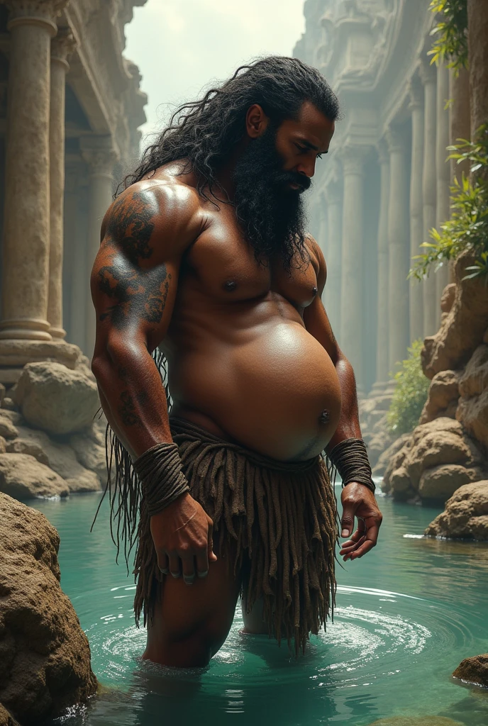 in 405 A.D, 40 years old black tribe daddy, medium hair, fulll grown facial hair, well built muscular with a big belly like minatour shirtless, wearing anicent swimming pant, super hairy, has visibly big nipples inside lake seven with ruins, hands on his pregnant roman 1 wife belly