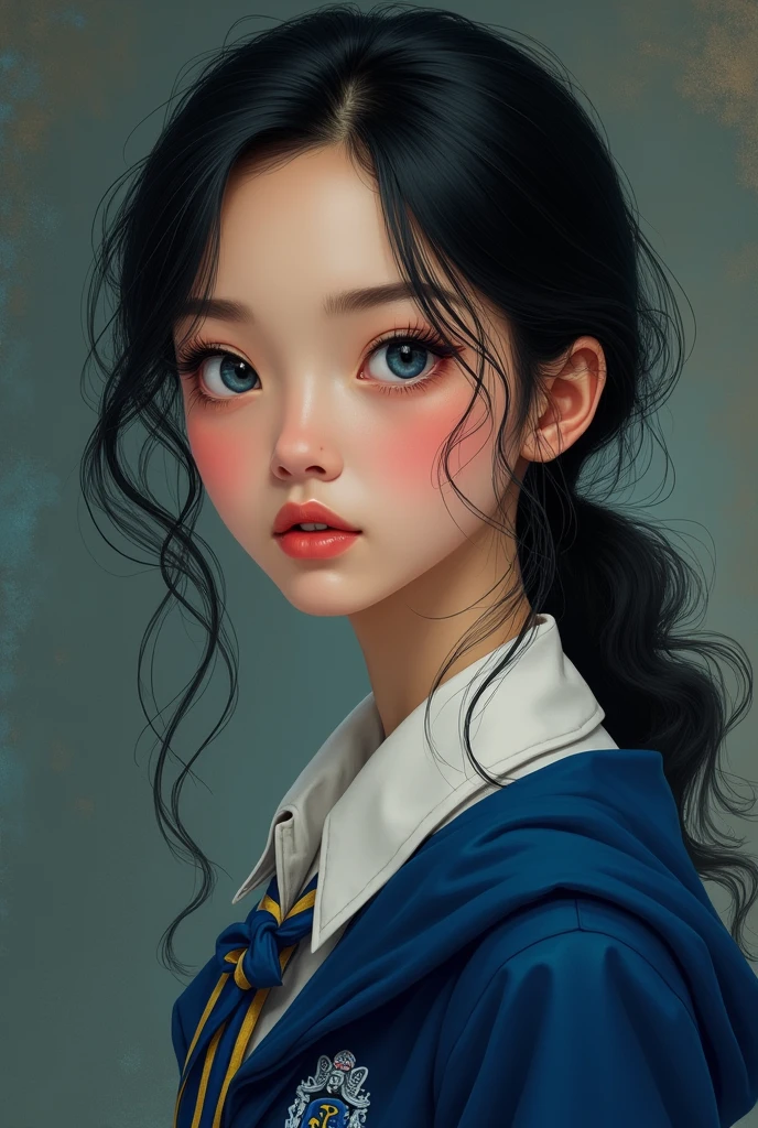 An image of an extremely beautiful and tender girl, with very blue eyes, Dark brown hair, dressed in her red and blue school uniform, very beautiful