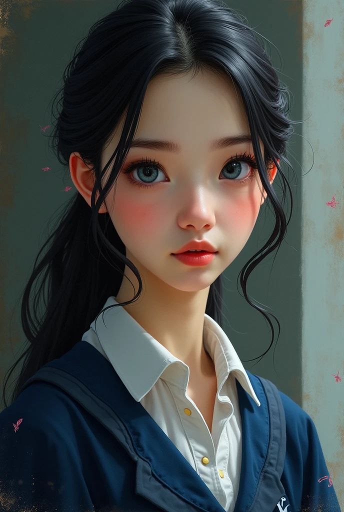 elle a le teint rose, un nez en trompette, des yeux en amande bleu-gris, des longs cheveux noirs semi-attachés, des lèvres pulpeuses et elle porte un uniforme de serdaigle