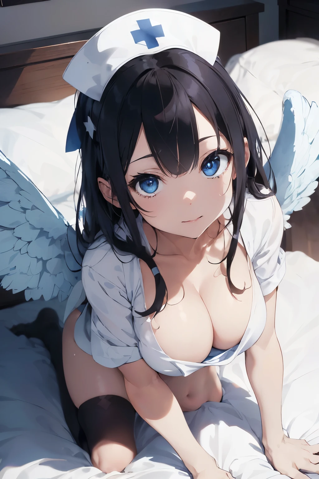 ((Top Quality)), ((Excellent)), (Detailed), ((Angel)), Ultra-Realistic, Stunning Environment, Vivid Colors, , Black Hair, (Young Face), ((Straight Hair)),Big Wings,((topless)), ((White Wings)), (A pair of wings) ,  Shiny Hair, Medium Breasts, ((White nurse uniform)), (Nurse), ((From Above)), ((Blue Eyes)), Half-Smiling, Upper Body, Shiny Hair, Blunt Bangs, ((Medium Breasts)), ((Crawling Position)), ((Blue Eyes)), Masterpiece, Ultra-Realistic, ((Emphasized Cleavage)), ((Close-Up)), ((topless)), On Bed, Natural Light, Vivid Colors, , Hospital,