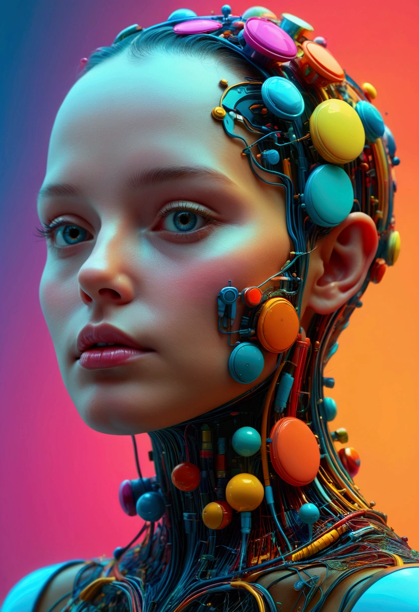 a close up of a person with a head made of many different colored objects, intricate transhuman, beeple daily art, ai enhanced digital art, beeple. hyperrealism, by Beeple, artificial intelligence, ( ( god king of ai art ) ), realism | beeple, beeple art, beeple masterpiece