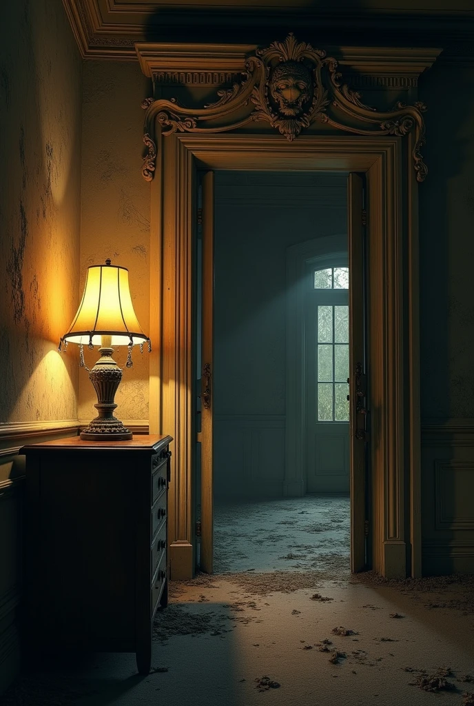 abandoned mansion, FIRST PERSON POINT of a lamp inside the mansion 