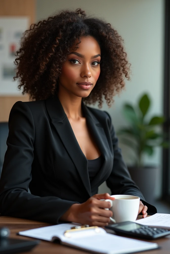 A Brazilian mulatto woman with curly hair in a business room, having a coffee and talking about business. she is wearing a black suit and high heels . The room has a notebook with a calculator