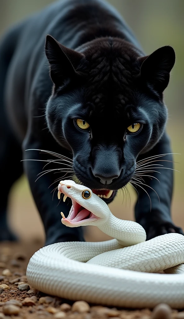 A stunning, high-definition close-up of a black panther gripping a large, white snake with its jaws. The panther's sleek, muscular body is poised over the coiled snake, its eyes intense and focused. The snake, with its mouth open wide, appears to be in the midst of a struggle, showing its sharp fangs. The background is blurred, making the dramatic encounter the focal point. The lighting is subtle, highlighting the panther's dark fur and the snake's pale scales against a neutral, earthy background