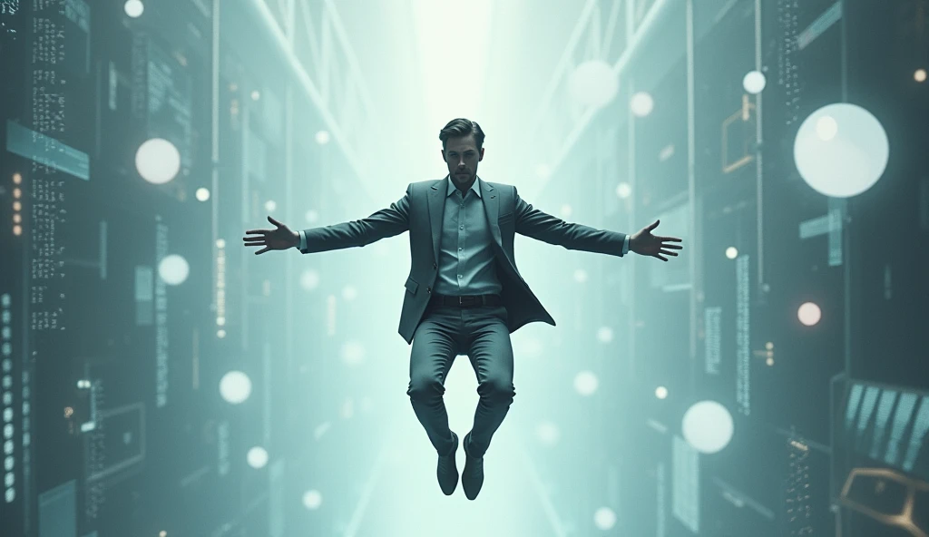 photo of a human male dressed, head on, floating in horizontal orientation, like flying, between entities and digital symbols. Arms should not exceed horizontal shoulder level.