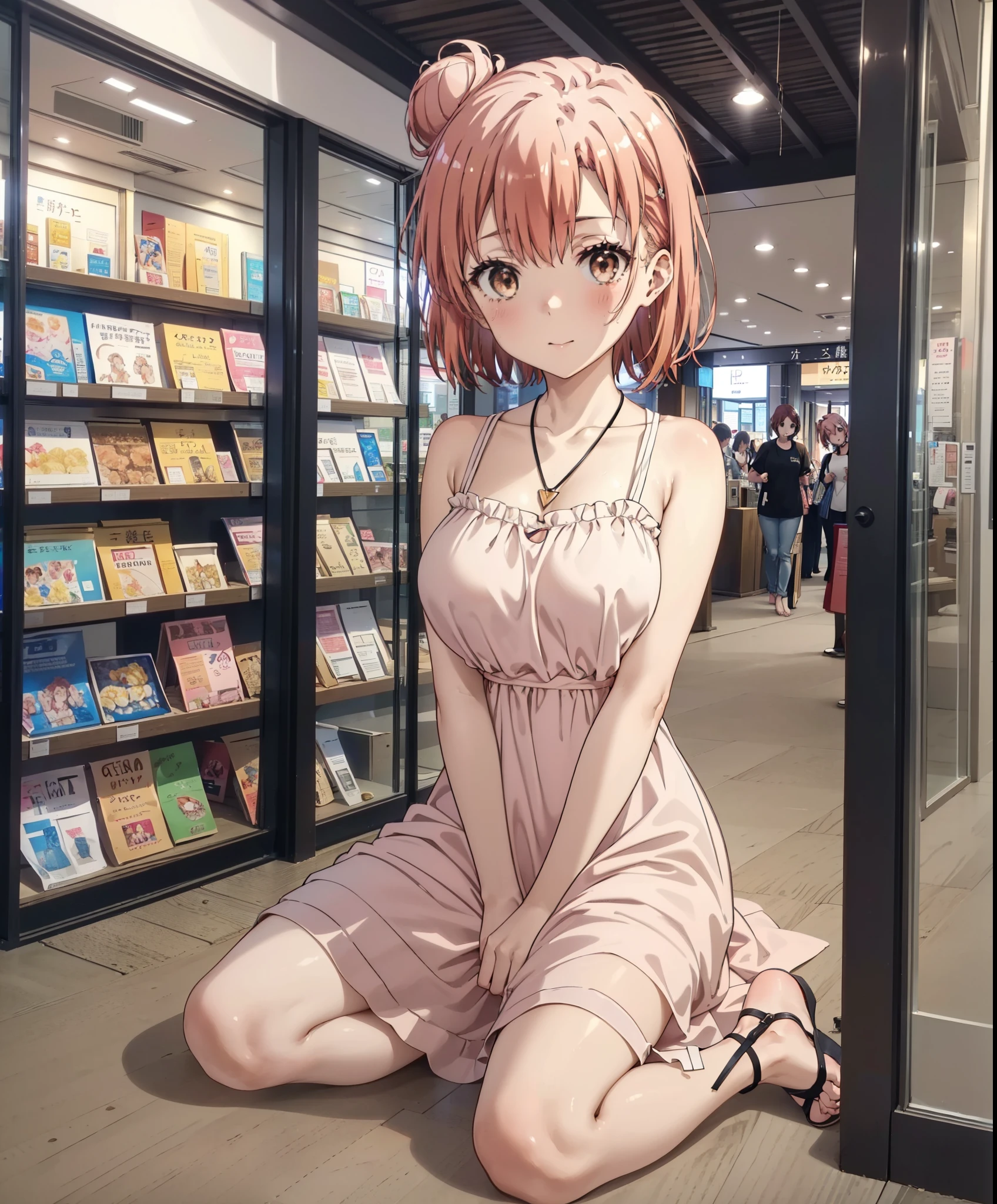 yuiyuigahama, yui yuigahama, short hair, (Brown eyes:1.5), (Pink Hair:1.2), Hair Bun, single Hair Bun,Big Breasts,smile,blush,Open your mouth,Off-the-shoulder dress,Exposing shoulders,bare clavicle,Bare neck,Rocket Pendant,mini skirt,barefoot,Cute heeled sandals,Daytime,sunny,walk,whole bodyがイラストに入るように,
break indoors,Shopping mall,
break looking at viewer, whole body,
break (masterpiece:1.2), Highest quality, High resolution, unity 8k wallpaper, (shape:0.8), (Beautiful attention to detail:1.6), Highly detailed face, Perfect lighting, Extremely detailed CG, (Perfect hands, Perfect Anatomy),