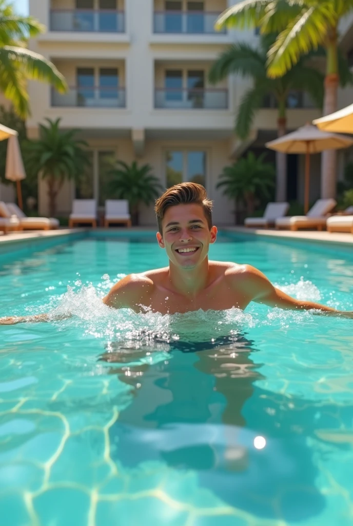 Swimming in the hotel pool Male college student