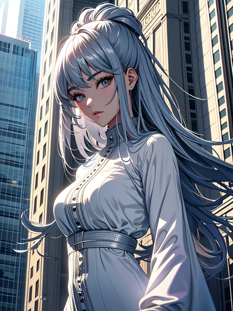 Masterpiece、High resolution、Detailed expression、Huge beauty、Silver Hair、18 meters tall、In a city building